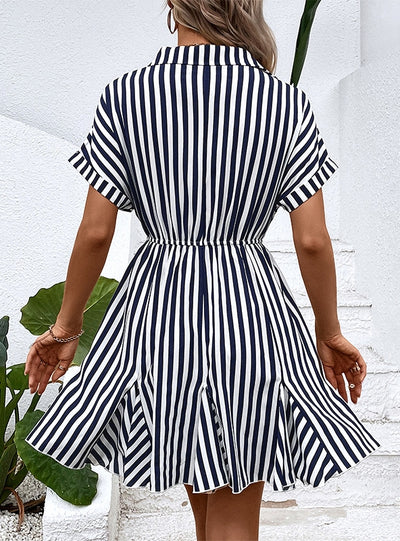 Women Lapel Striped Shirt Dress