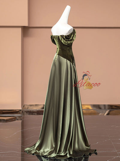 Green Satin Velvet Off the Shoulder Prom Dress