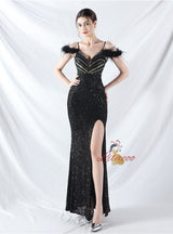 Spaghetti Straps Sequins Split Prom Dress