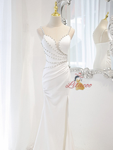 White Mermaid Spaghetti Straps Beading Wedding Dress