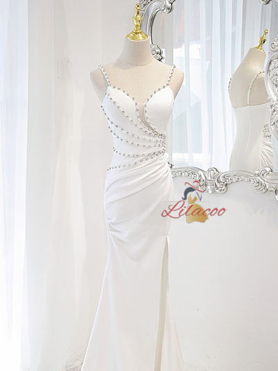 White Mermaid Spaghetti Straps Beading Wedding Dress
