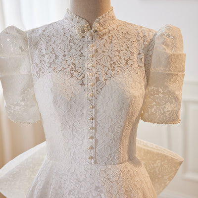 White Lace Short Sleeve Wedding Dress