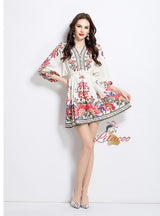Vintage V-neck Lantern Sleeve Printed Dress
