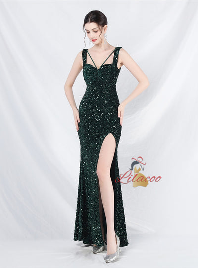 Sequins Split Straps Sleeveless Prom Dress