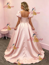 Pink Satin Puff Sleeve Prom Dress