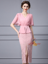 Pink Lace Chiffon V-neck Mother Of The Bride Dress