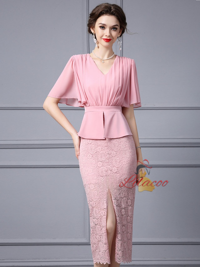 Pink Lace Chiffon V-neck Mother Of The Bride Dress