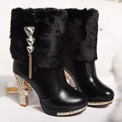Waterproof Platform High Heel Thick Heel Rhinestone Boots