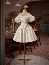 White Satin Puff Sleeve Lace Homecoming Dress