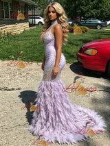 Purple Mermaid Halter Feather Prom Dress
