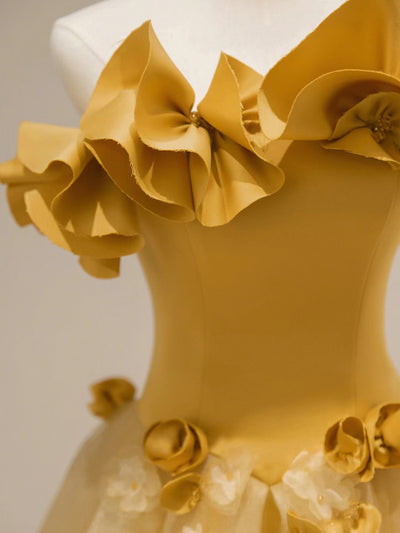 Yellow Strapless Tulle 3D Flower Prom Dress