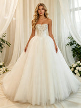 White Tulle Strapless Beading Wedding Dress