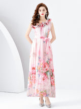 One-shoulder Pleated Wooden Ear Printed Dress