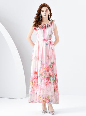 One-shoulder Pleated Wooden Ear Printed Dress