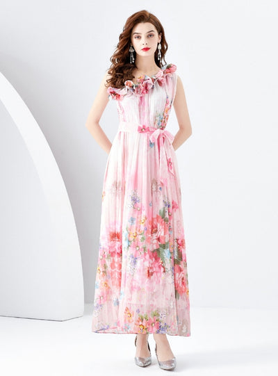 One-shoulder Pleated Wooden Ear Printed Dress