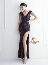 Mermaid Sequins V-neck Cap Sleeve Beading Prom Dress