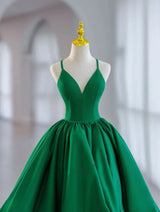 Green Satin Spaghetti Straps Prom Dress