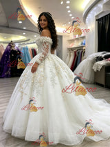White Tulle Long Sleeve Appliques Quinceanera Dress
