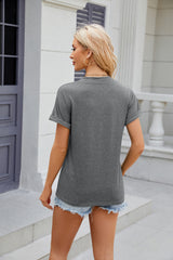 Solid Color V-neck Button Short Sleeve T-shirt