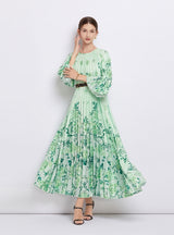 Cropped Sleeve Round Neck Printed Pleated Dress