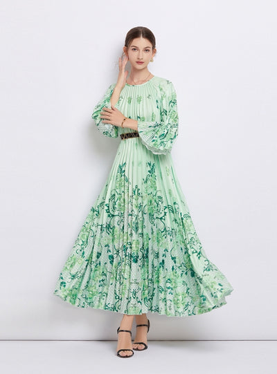 Cropped Sleeve Round Neck Printed Pleated Dress