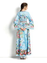 V-neck Slim Flared Sleeve Printed Dress