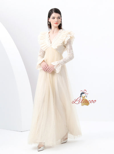 V-neck Long Sleeve Lace Gauze Long Dress
