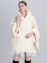 Loose Padded Hooded Pocket Fringed Cloak Shawl