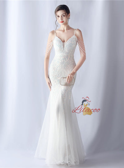 Sequins Tulle Straps Beading Prom Dress