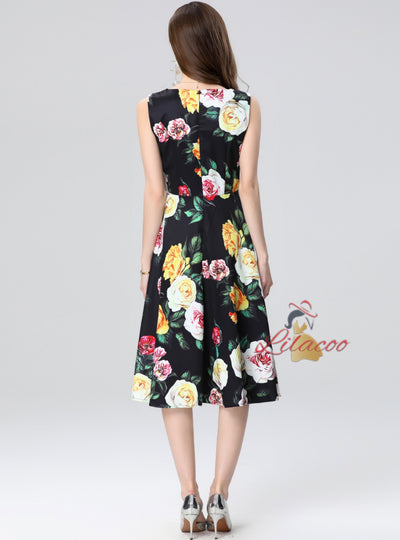 Printed Round Neck Slim Waist Dress