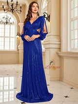 Long Sleeve V-neck Sequins Prom Dress