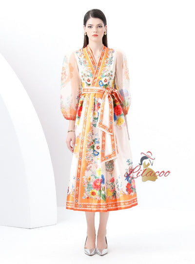 Retro Printed V-neck Bubble Sleeve Dress