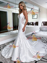 White Mermaid Satin Lace Spaghetti Straps Wedding Dress