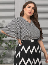 V-neck Lotus Leaf Sleeve Striped T-shirt Top