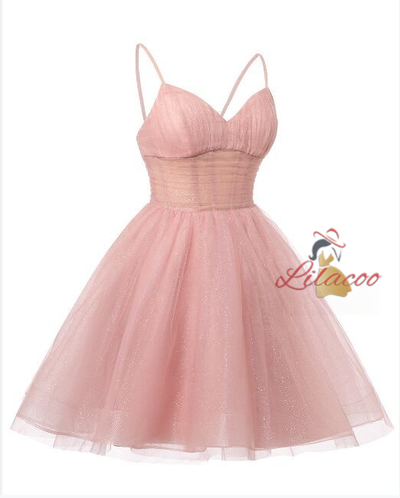 Pink Tulle Sequins Spaghetti Straps Homecoming Dress