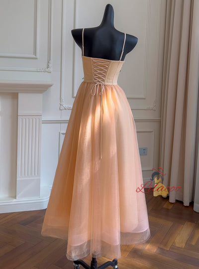 Orange Tulle Straps Beading Prom Dress