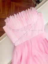 Pink Tulle Straps Pearls Prom Dress