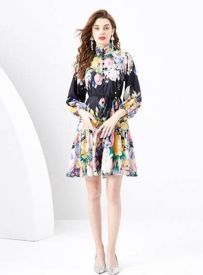 Retro Painted Long Sleeve Printed Dress