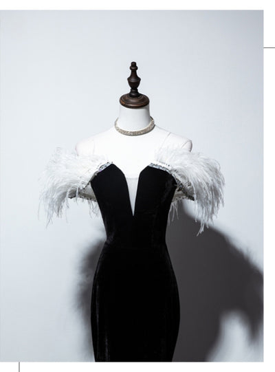 Black Mermaid Velvet Feather Prom Dress