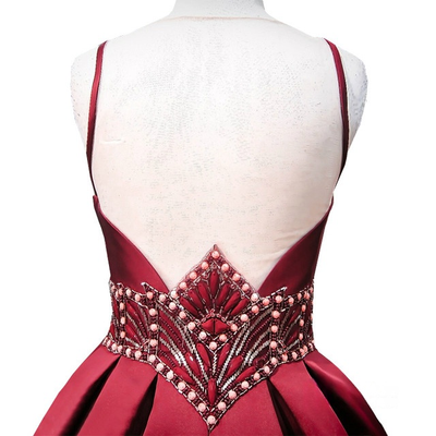 Burgundy Satin Beading V-neck Homecoming Dress