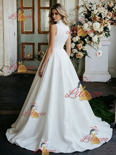 White Satin High Neck Wedding Dress