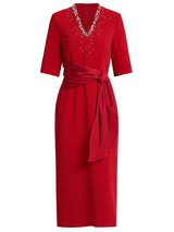 Burgundy V-neck Short Sleeve Mother Of The Bride Dress