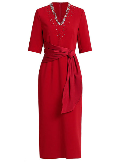 Burgundy V-neck Short Sleeve Mother Of The Bride Dress