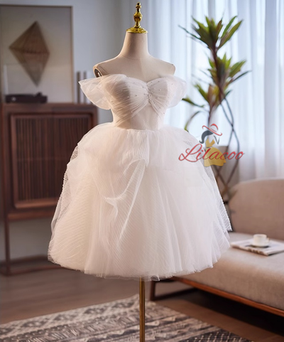 White Tulle Pearls Pleats Wedding Dress