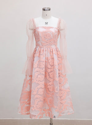 Pink Lace Long Sleeve Prom Dress