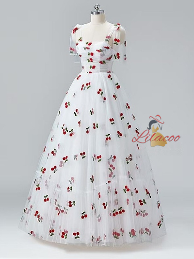 White Tulle Cherry Print Pleats Prom Dress