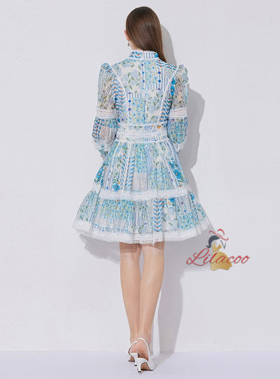 Lace Stitching Lantern Sleeves Dress