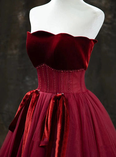 Burgundy Tulle Velvet Beading Prom Dress