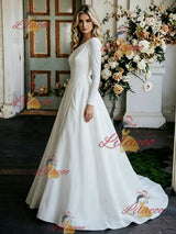 White One Shoulder Long Sleeve Wedding Dress