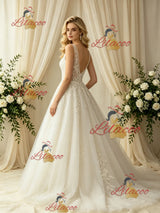 Beige White Tulle Appliques Wedding Dress